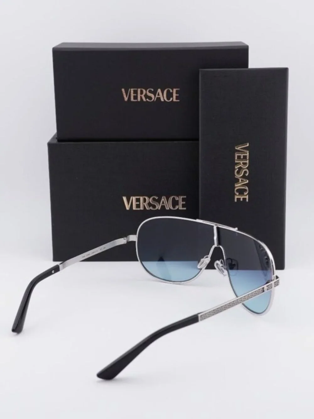 Versace VE2293 100019 Shield Sunglasses – Silver / Blue